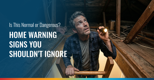 A man holds a flashlight while looking up into a dark attic. Is This Normal or Dangerous? HOME WARNING SIGNS YOU SHOULDN'T IGNORE.